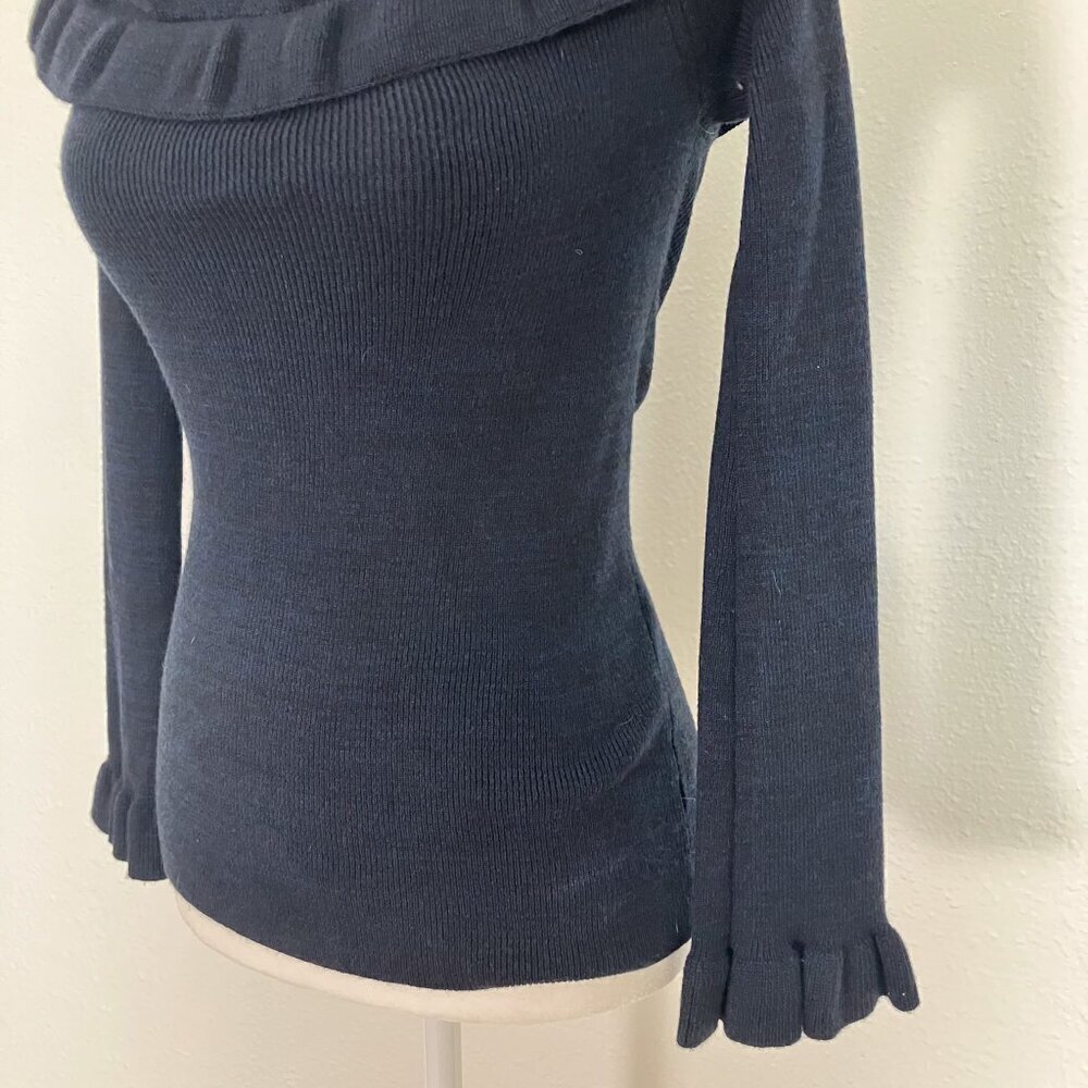 NWT White House Black Market Off the Shoulder Ruffle Navy blue Black sweater - Picture 4 of 12